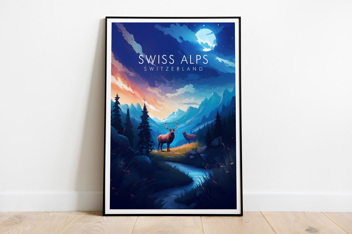 Swiss Alps Switzerland Night Mountains Deer Starry Sky Poster - Image 2
