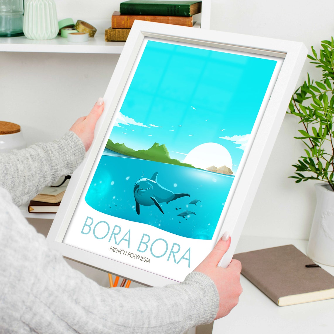 Bora Bora Dolphin Pod Tropical Island Lagoon Scene View Poster - Image 4