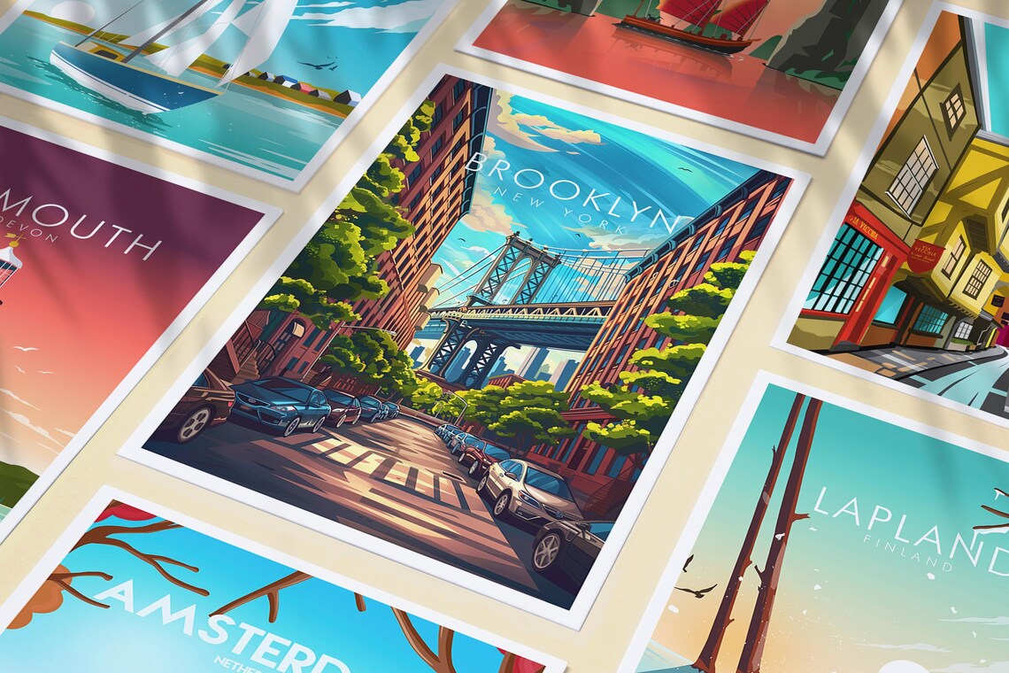 Brooklyn New York Bridge Tenement Street Sunny Day Travel Poster - Image 3