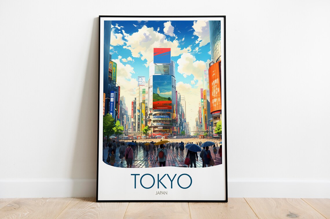 Tokyo Japan Crowded Street Umbrella Rain Neon Signs Travel Poster - Image 2