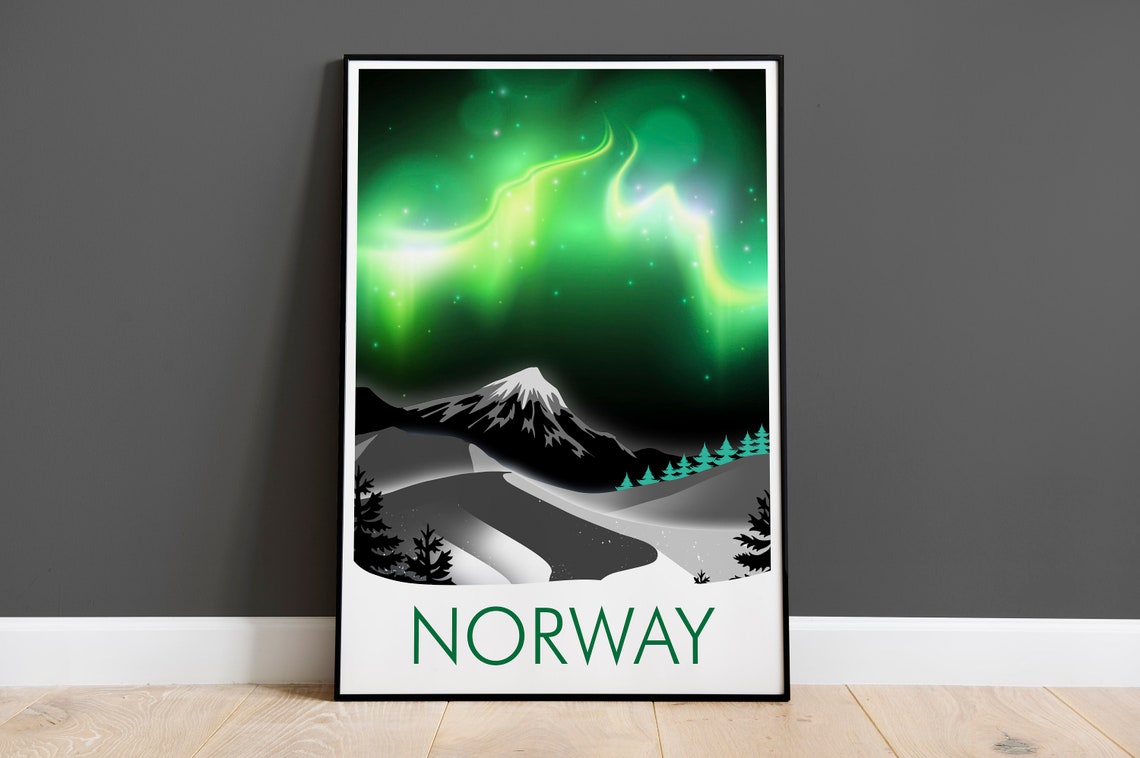 Norway Northern Lights Aurora Snow Mountain Night Travel Poster