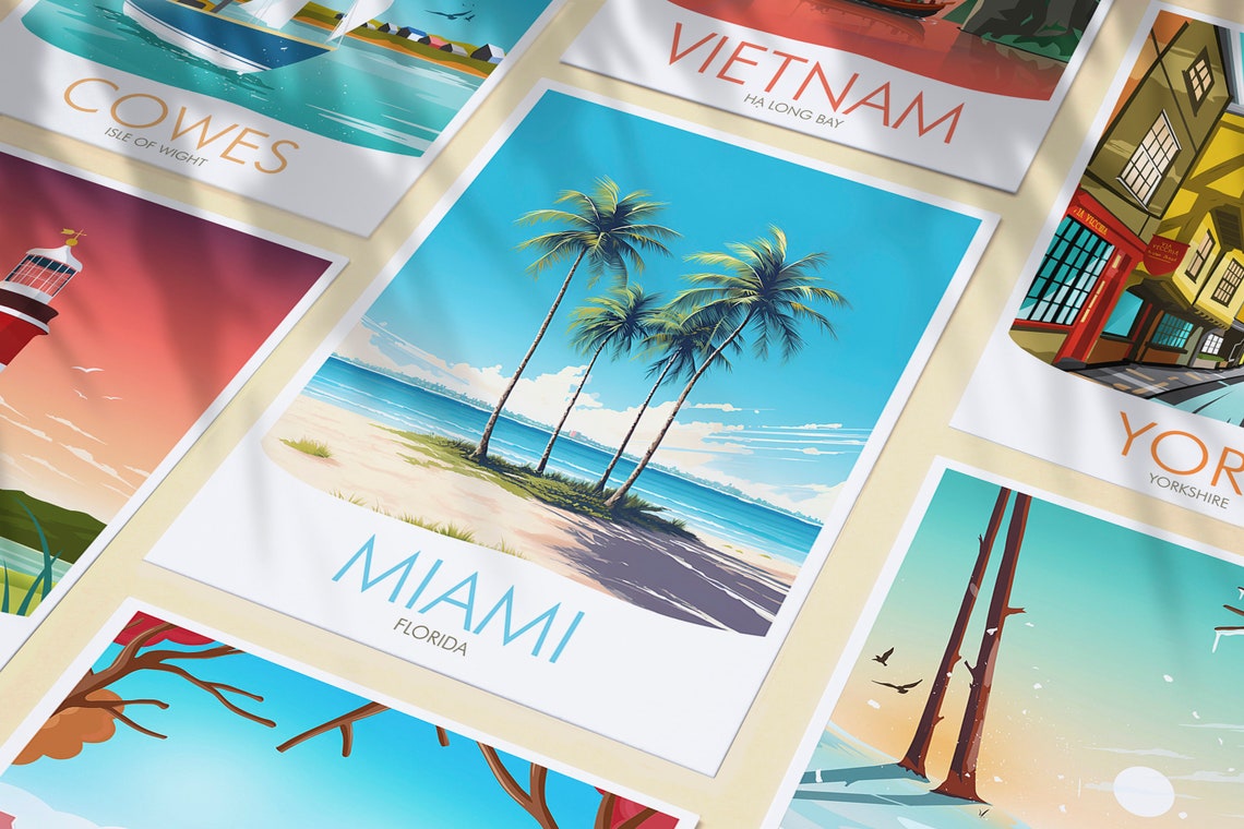 Miami Florida Beach Palm Trees Ocean Retro Travel Art Poster - Image 3