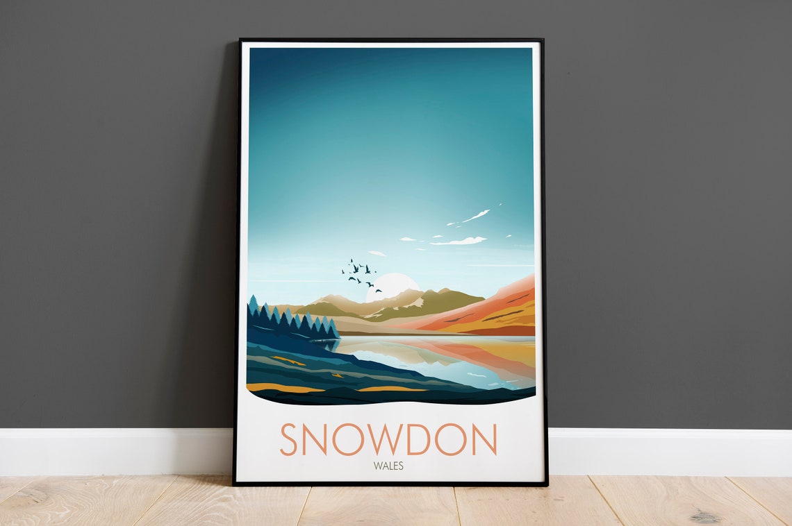 Snowdon Wales Sunset Mountain Lake Peak Summit Travel Poster