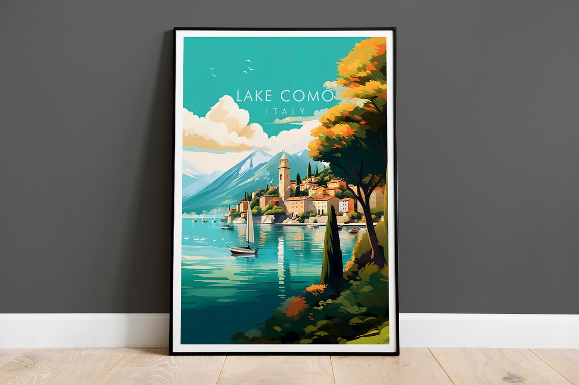 Lake Como Italy Lakeside Village Sailboat Scenic Travel Poster