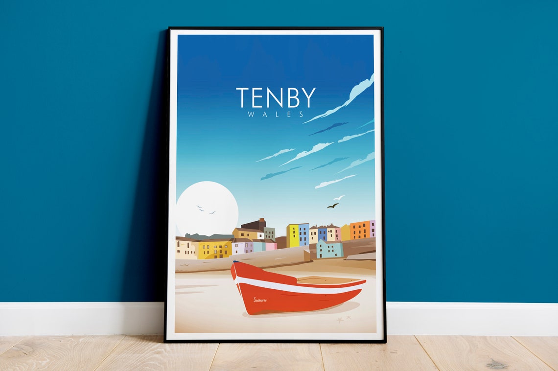 Tenby Wales Harbour Red Boat Colorful Seaside Town Beach Poster