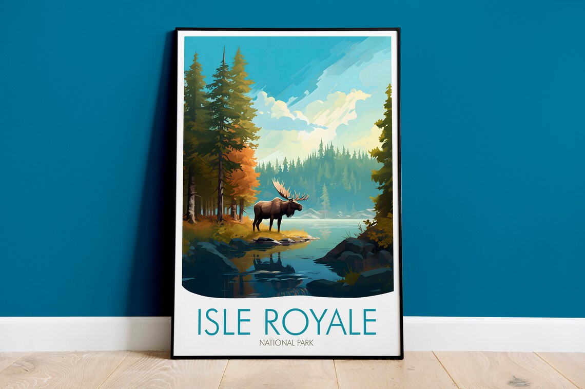 Isle Royale National Park Michigan Moose Lakeside Wildlife Travel Poster