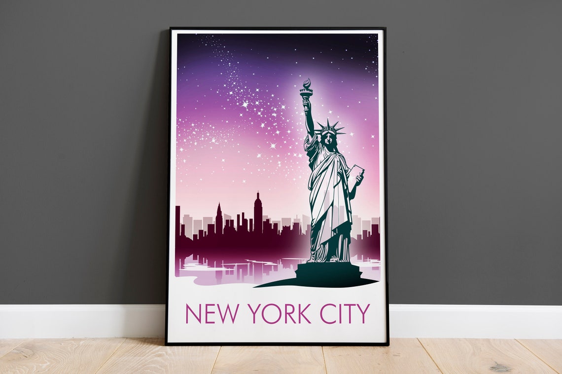 New York City Statue of Liberty Starry Night Scene View Poster