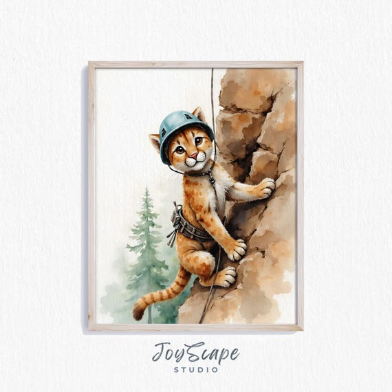 Funny Mountain Lion Watercolor Nursery Wall Art Climbing Adventure Kids Room