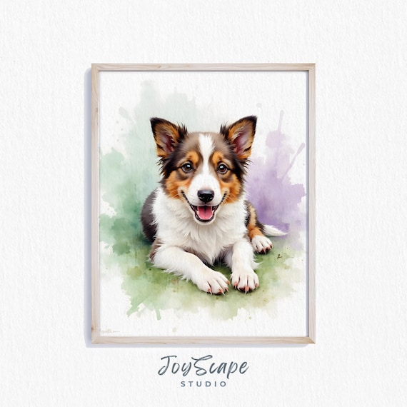 Smiling Collie Puppy Watercolor Cute Pet Portrait Gift Poster