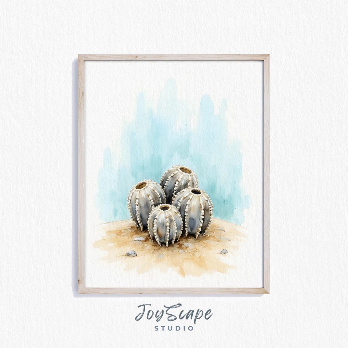 Barnacle Shells on Sand Blue Coastal Watercolor Sea Life Wall Art