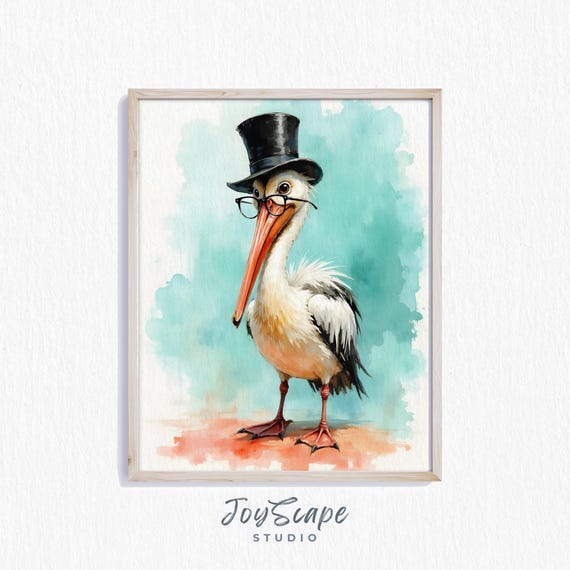 Funny Pelican Watercolor Print Wall Art Top Hat Design Nursery Decor Animal Lover Gift Instant 674