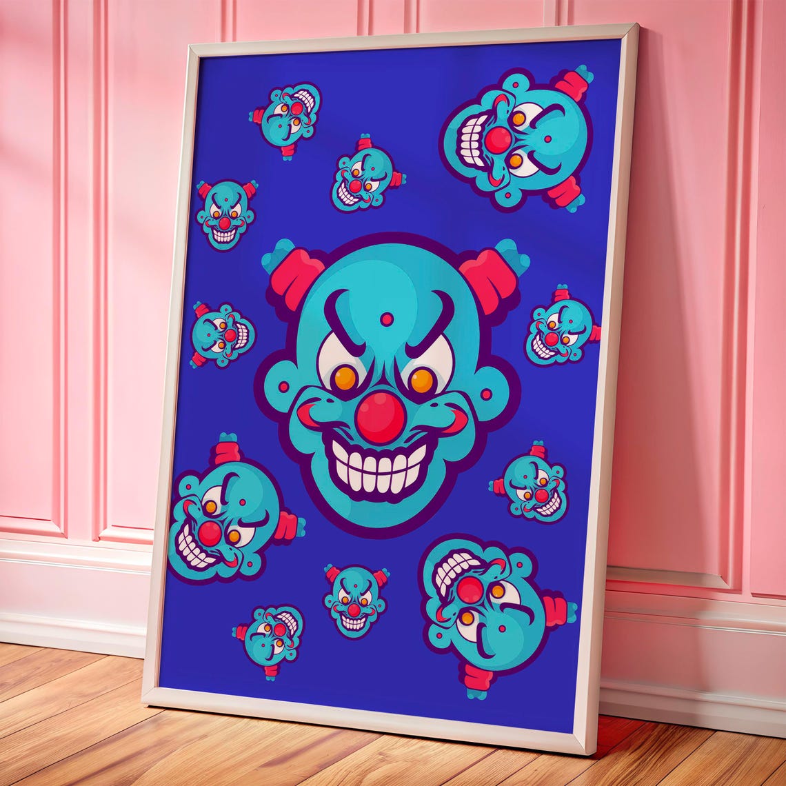 Angry Blue Clown Faces Pattern Poster Creepy Clowncore Wall Decor
