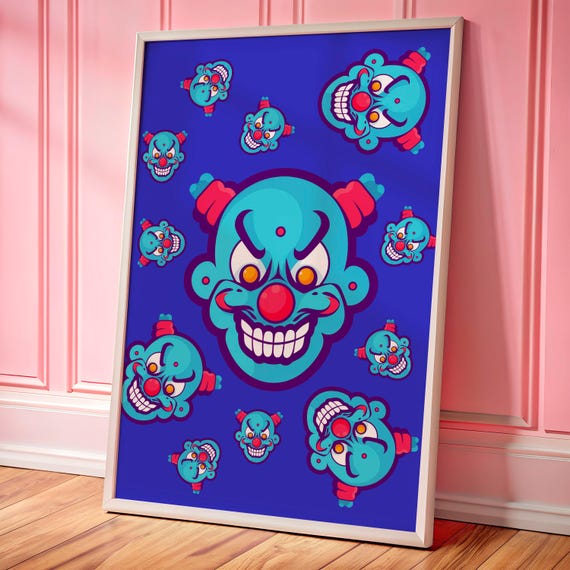 Angry Blue Clown Faces Pattern Poster Creepy Clowncore Wall Decor