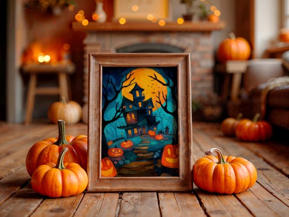 Haunted House Big Orange Moon Teal Trees Pumpkins Halloween Poster
