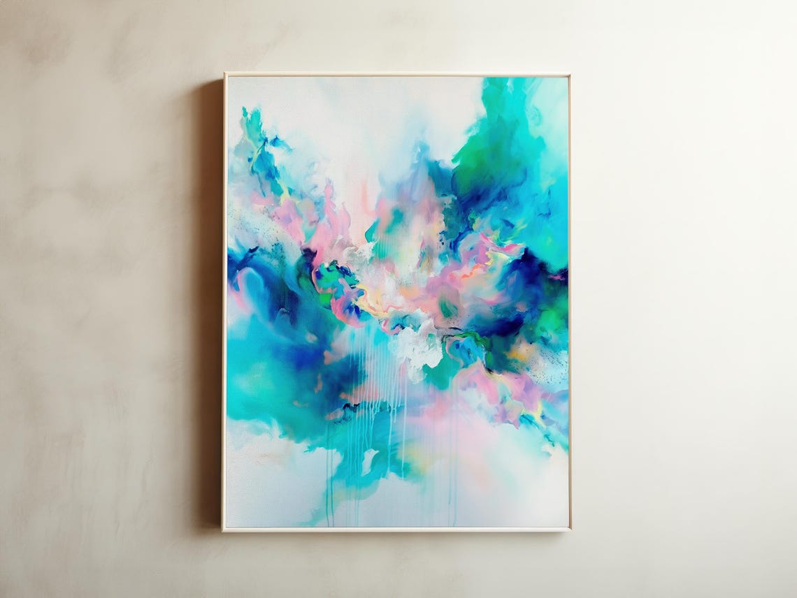 Ink Wash Abstract In Teal Blue Green And Pink With Paint Drips Poster - Image 5