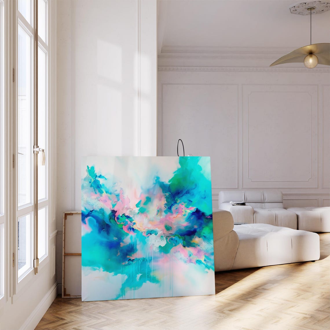 Vivid Turquoise Pink Splash Energetic Abstract Canvas Square Wall Art - Image 3