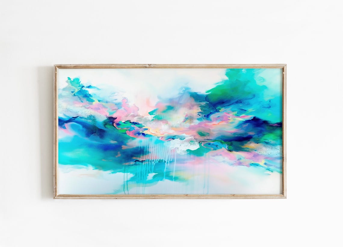 Watercolor Abstract In Blue Green With Pink Lavender Clouds Poster