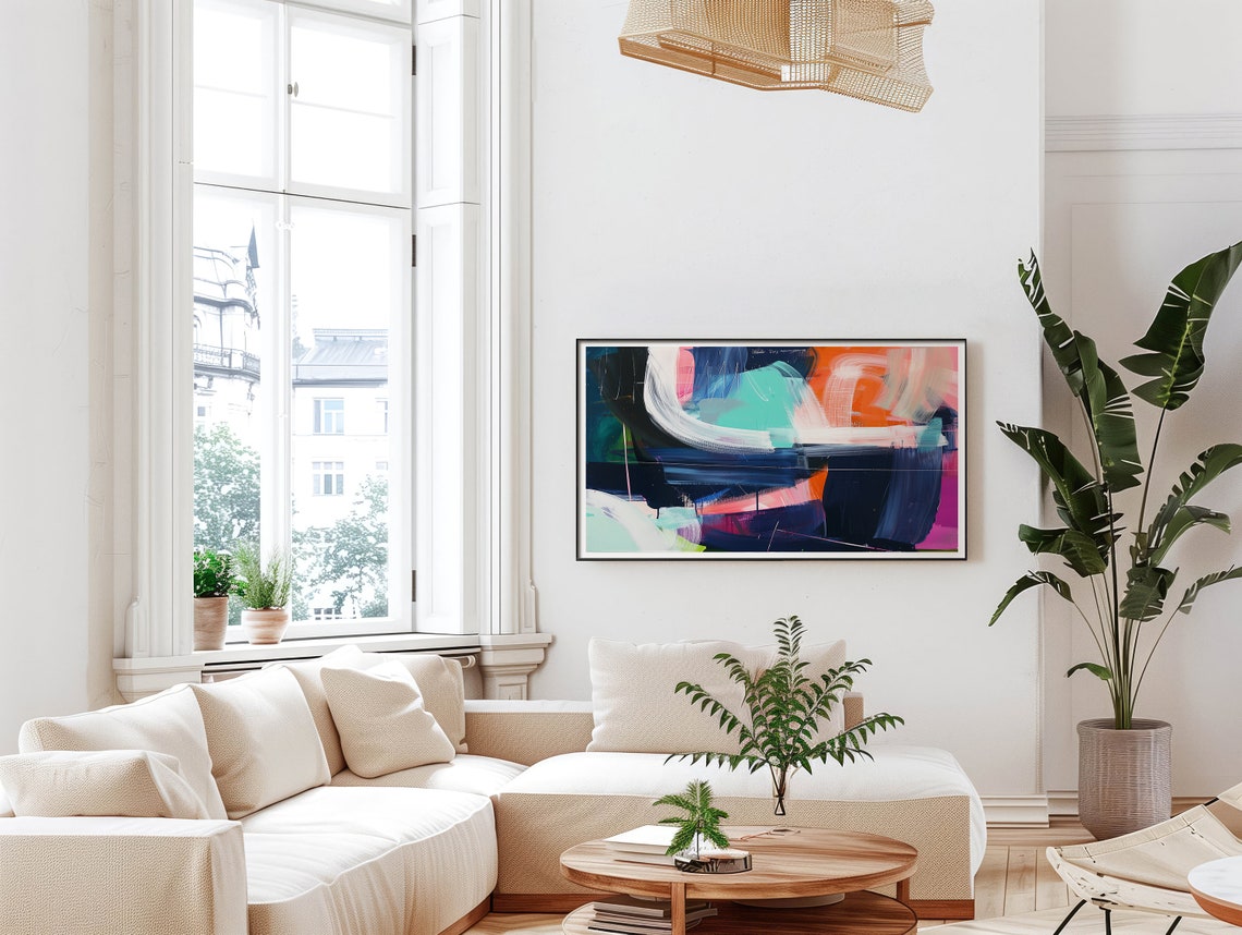 Navy White Brushstroke Bold Mint Orange Abstract Modern Wall Poster - Image 5