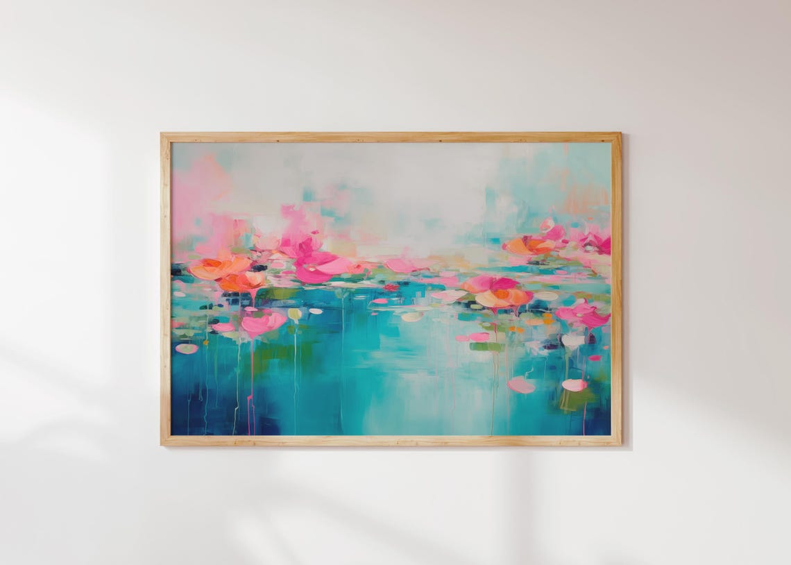 Teal Pond Abstract With Pink Red Water Lily Flowers And Drips Poster