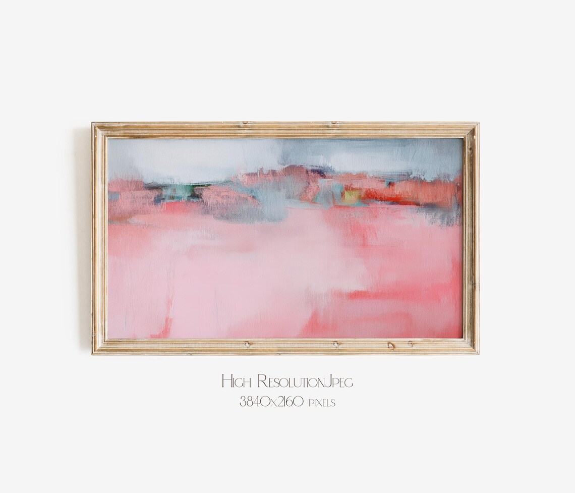 Soft Pink Abstract Painting With Red Teal Horizon Band Art Poster - Image 4