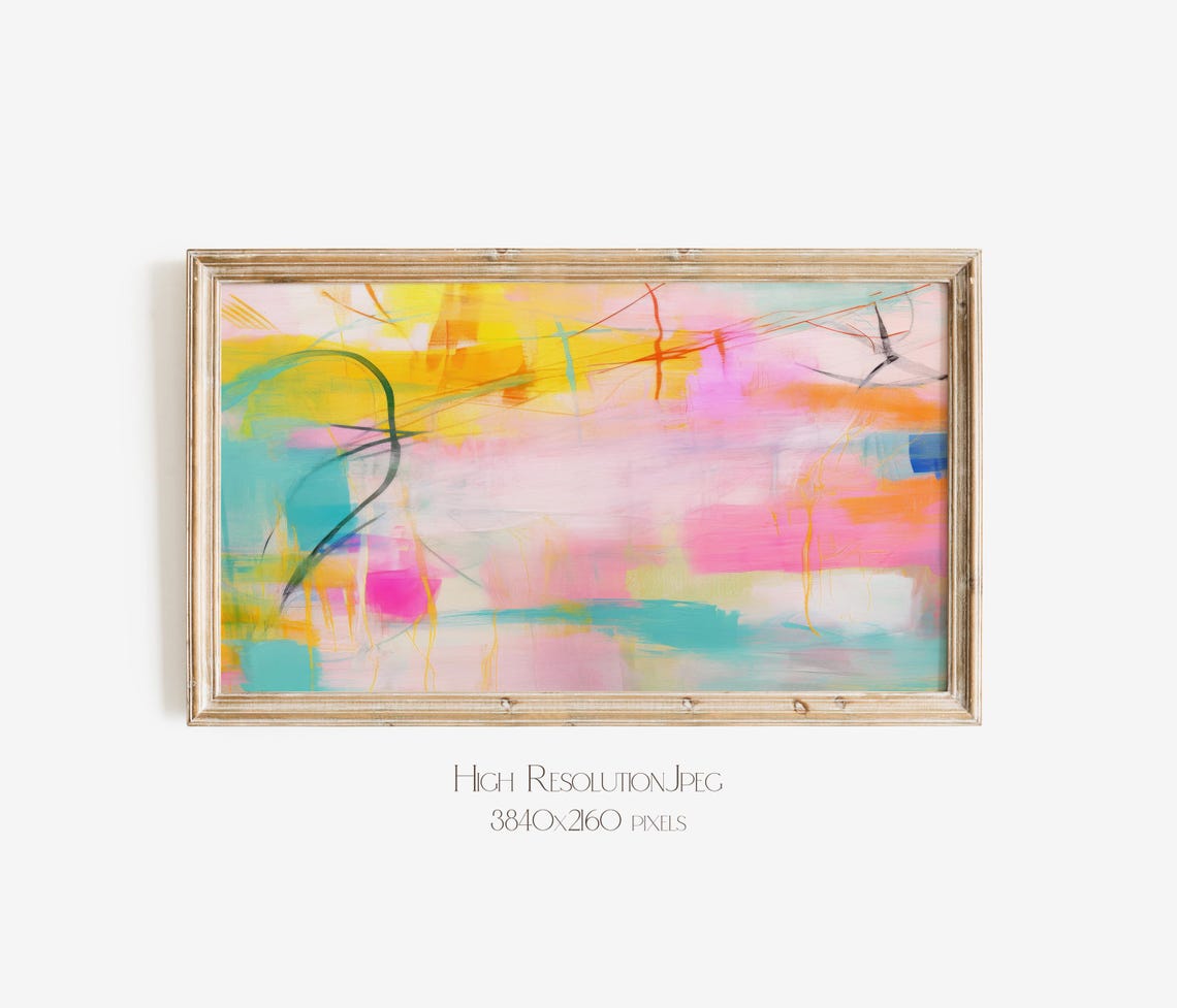 Bright Yellow Pink Abstract Painting With Teal Accent Lines Poster - Image 4