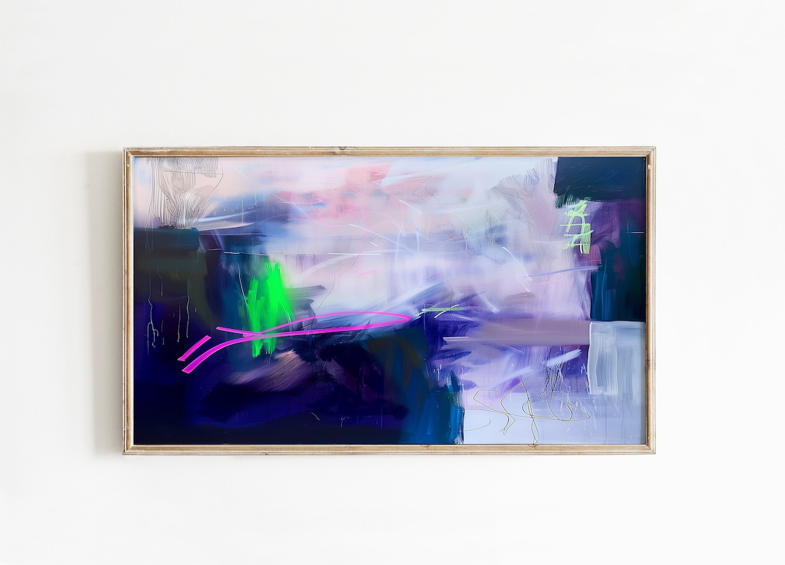 Dark Indigo Neon Pink Lime Edgy Modern Abstract Oil Painting Wall Art