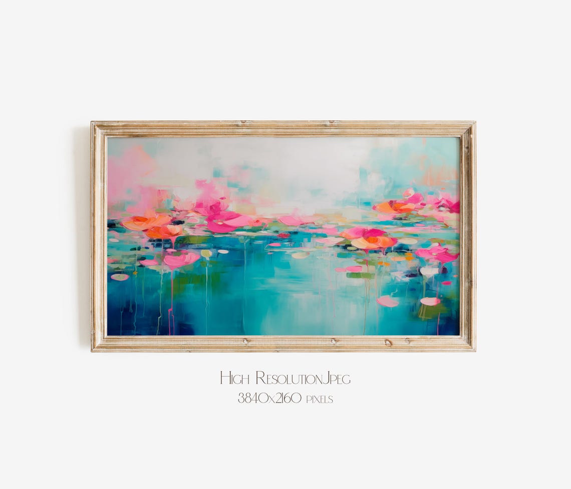 Turquoise Water Abstract With Pink Orange Blossom Clusters Poster - Image 4