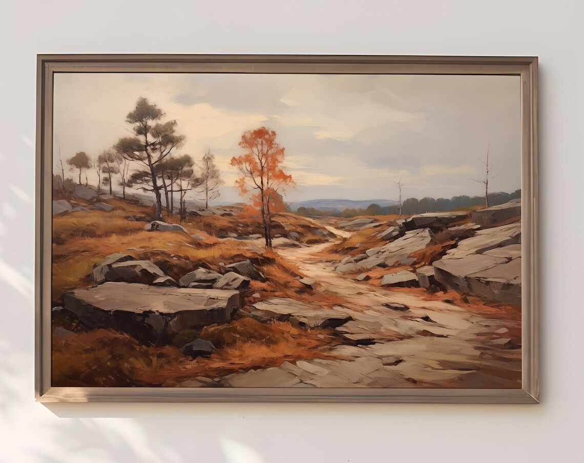 Rocky Autumn Trail Golden Grass Lone Orange Tree Vintage Poster - Image 3