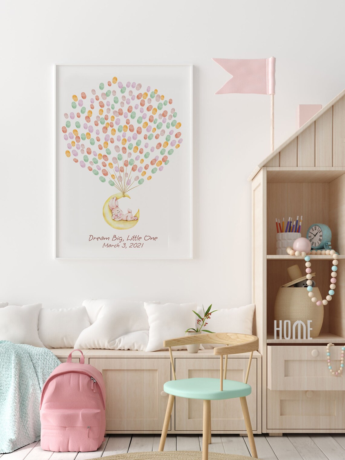 Sleeping Bunny on Moon Pastel Starry Birthday Guest Book Poster - Image 2