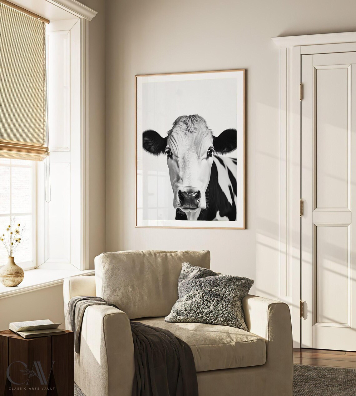 Black and White Cow Portrait Front View Farm Photography Poster - Image 2