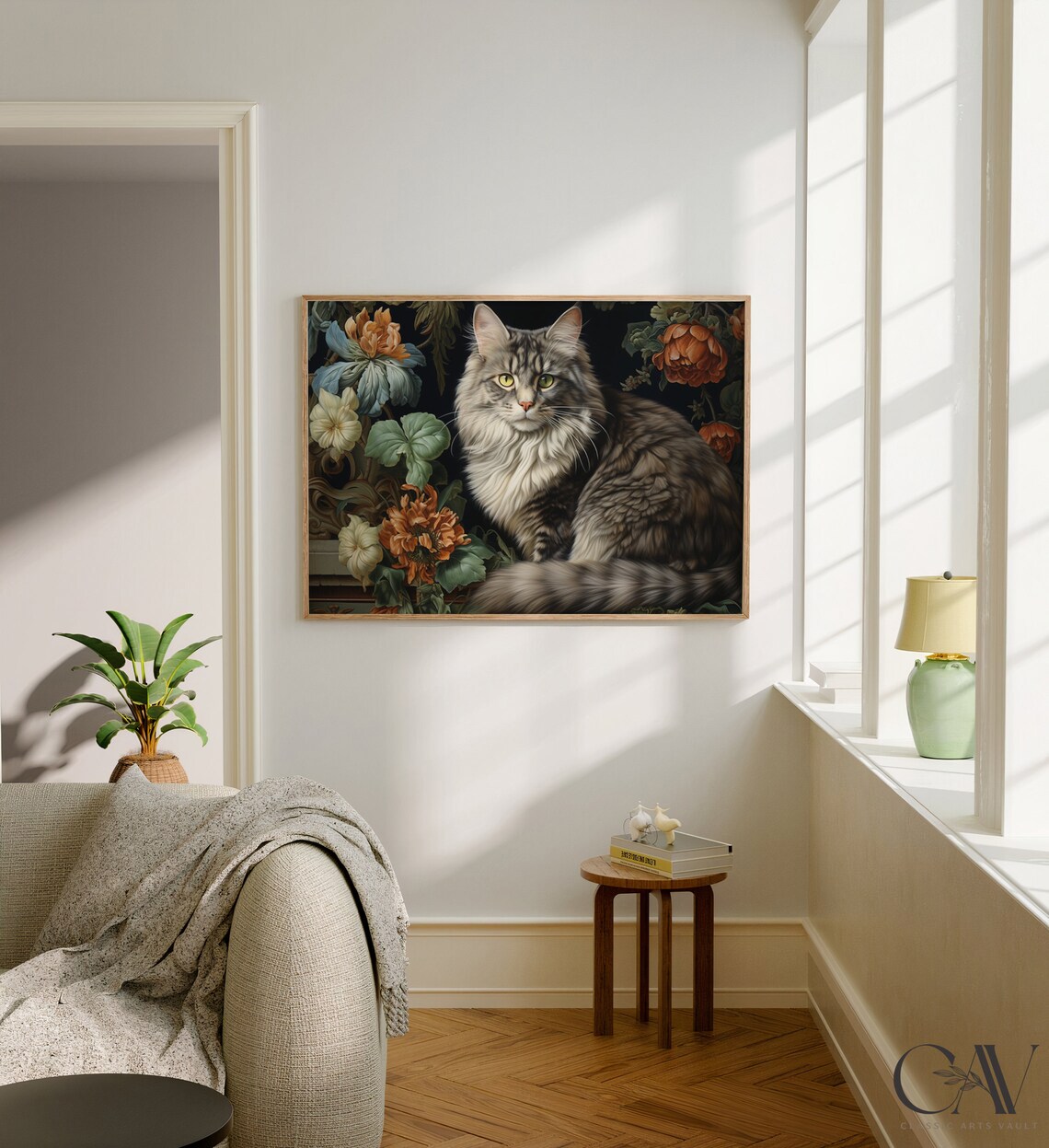 Long Haired Tabby Cat Floral Portrait Vintage Pet Art Poster - Image 2