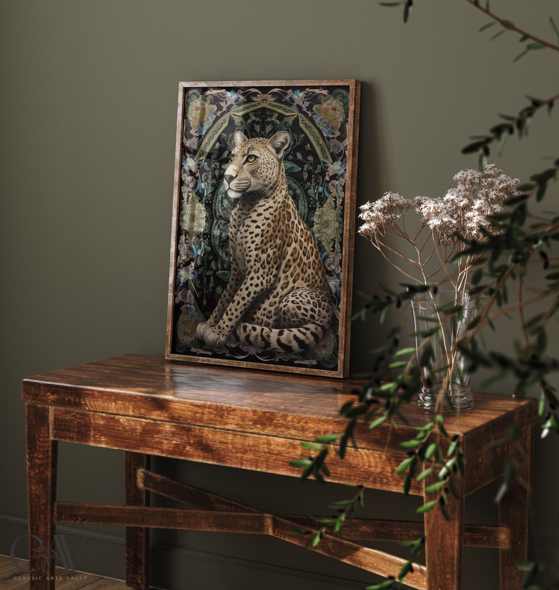 Cheetah Seated in Ornate Botanical Arch on Dark Moody Art Print - Image 3