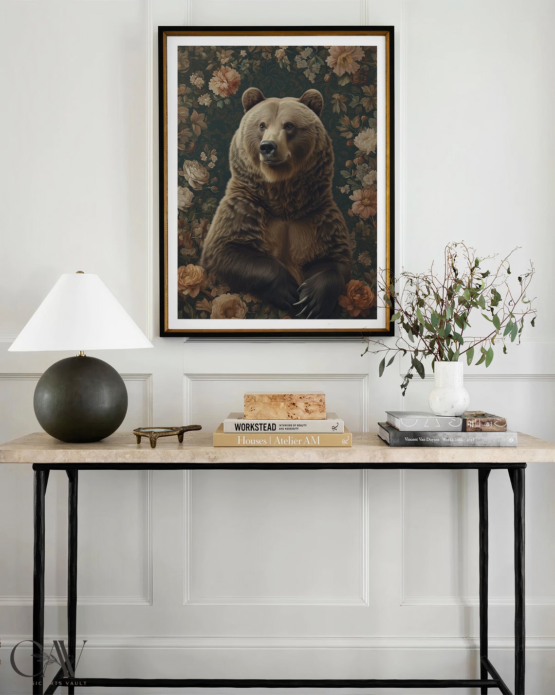 Brown Bear Seated Blush Floral Dark Botanical Vintage Poster - Image 3