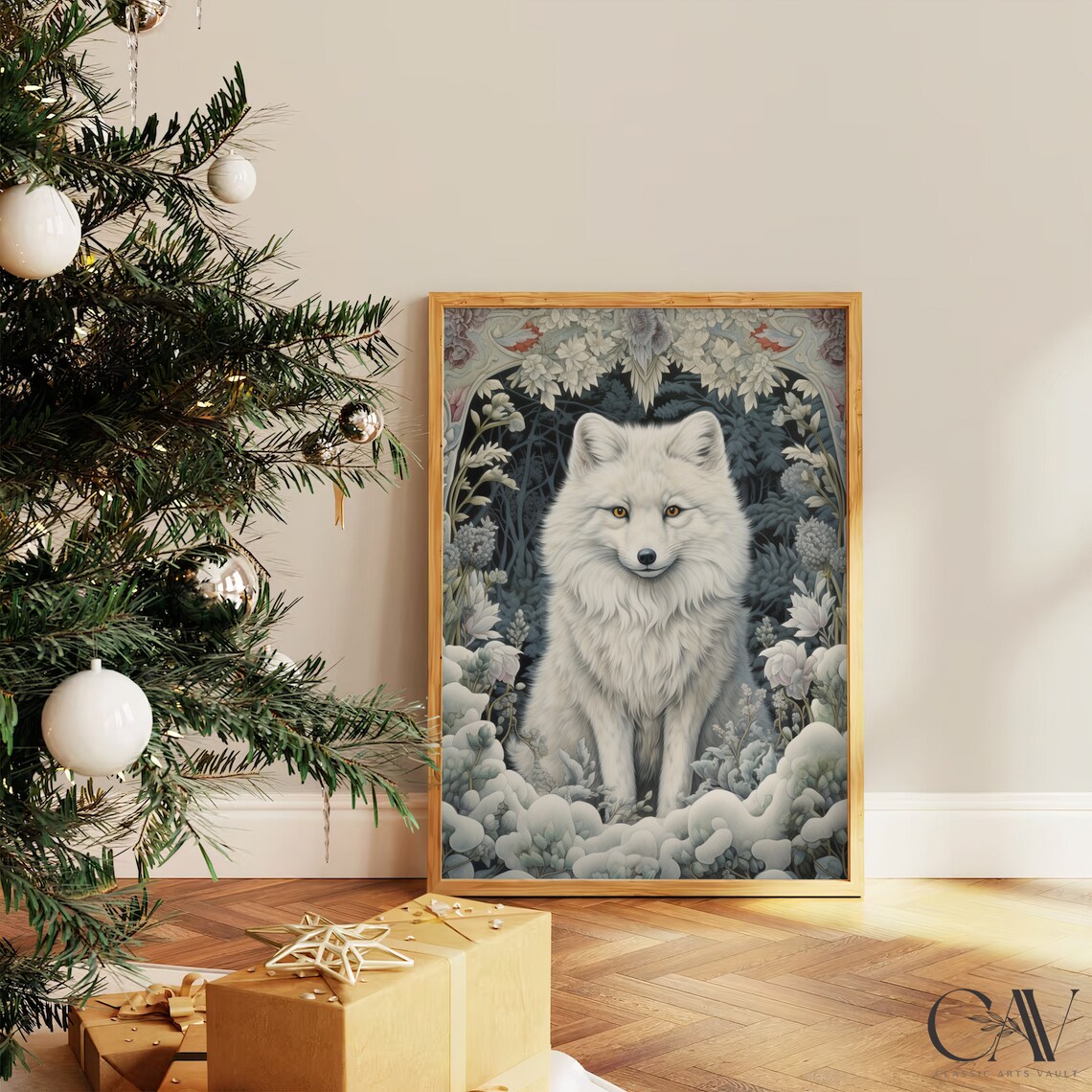 William Morris Inspired Arctic Fox Winter Art Print - Image 4