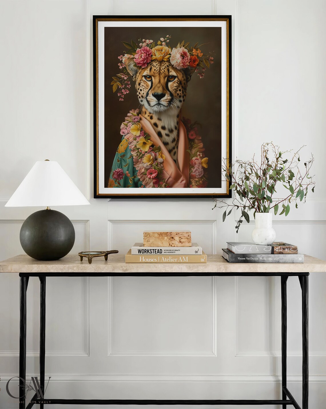 Cheetah Flower Crown Oil Painting Maximalist Animal Wall Art - Image 4