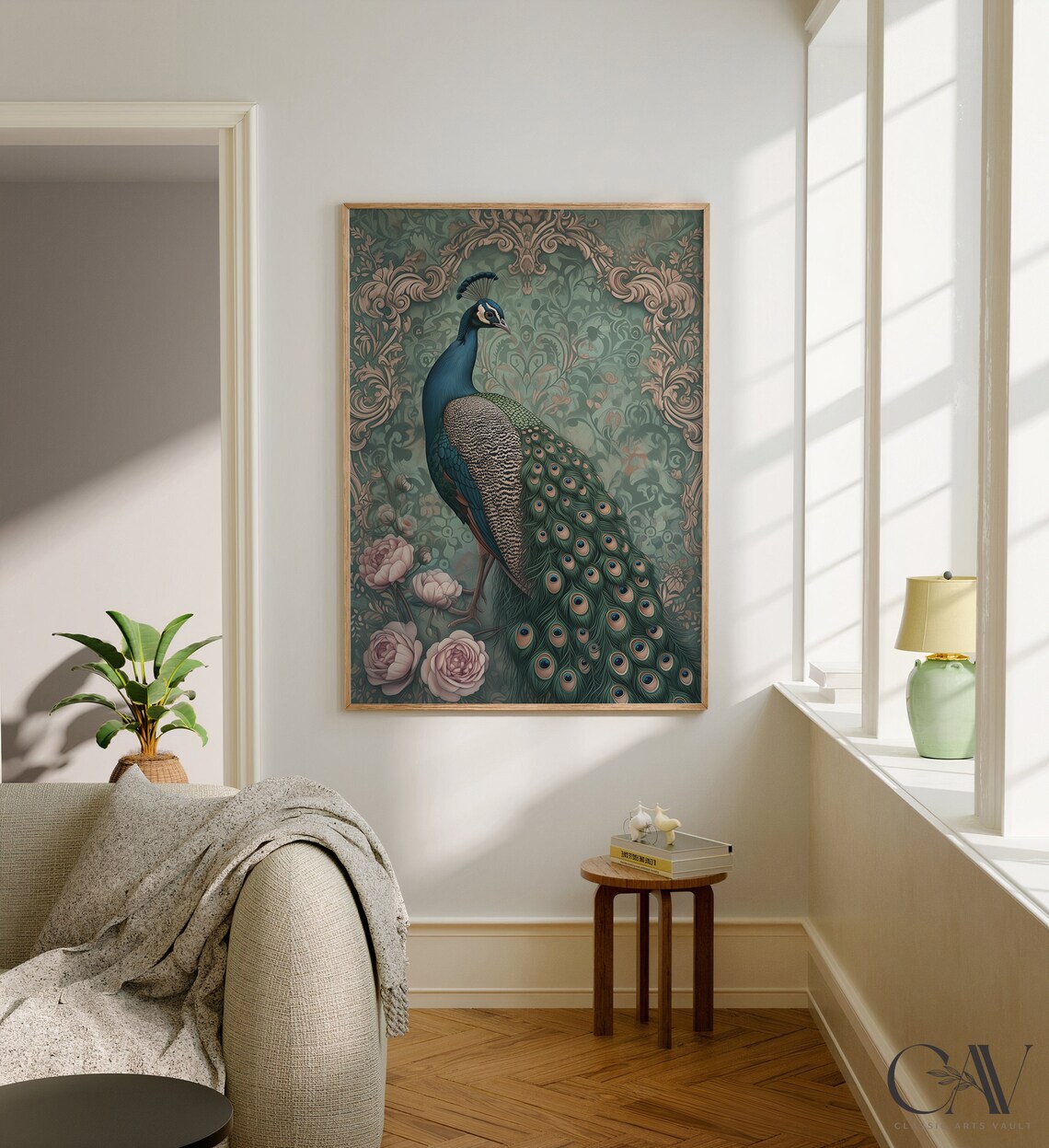 Peacock with Full Tail on Green Damask and Pink Roses Poster - Image 2