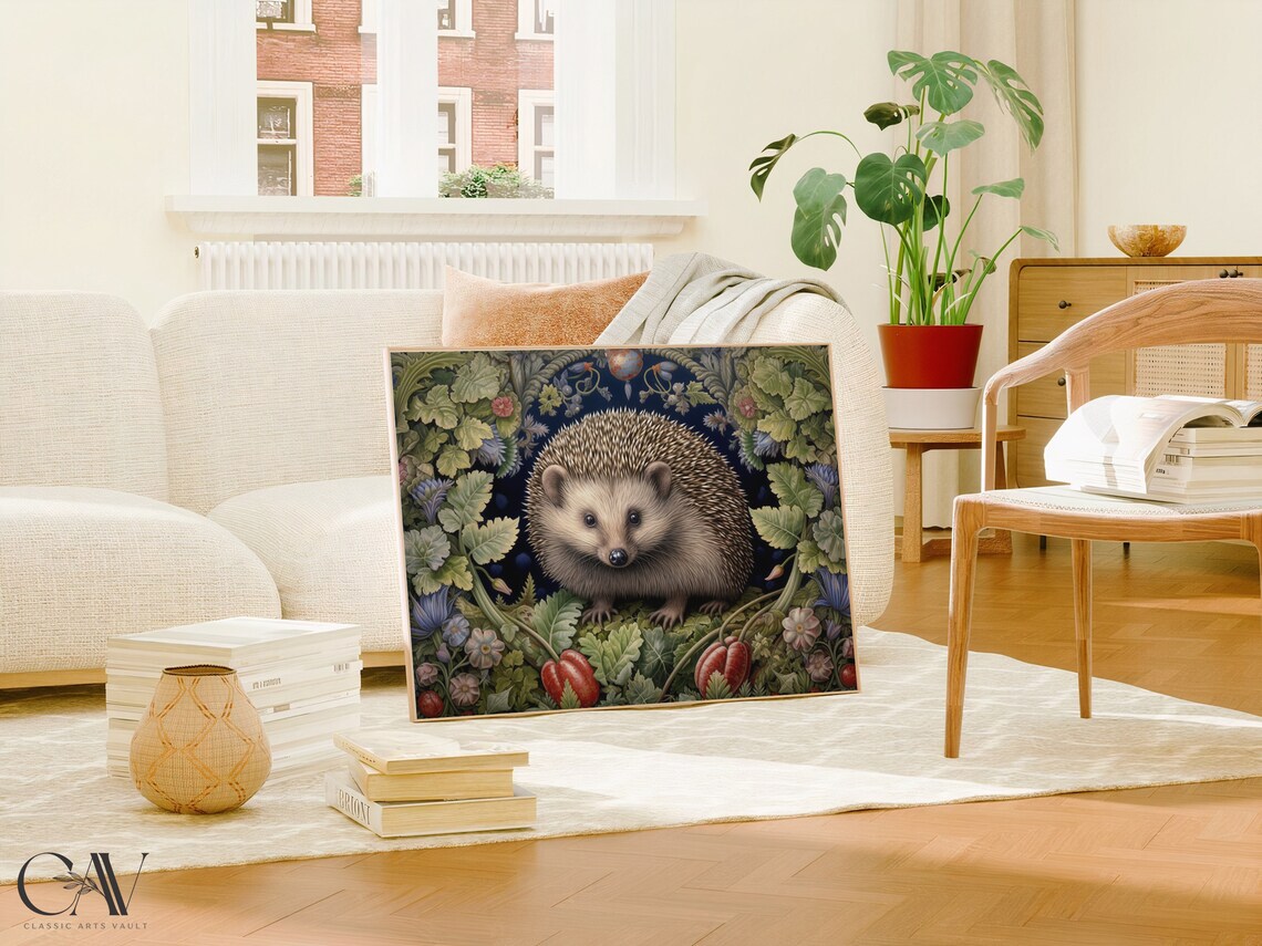 Cute Hedgehog In Green Garden With Flowers And Red Fruits Poster - Image 5