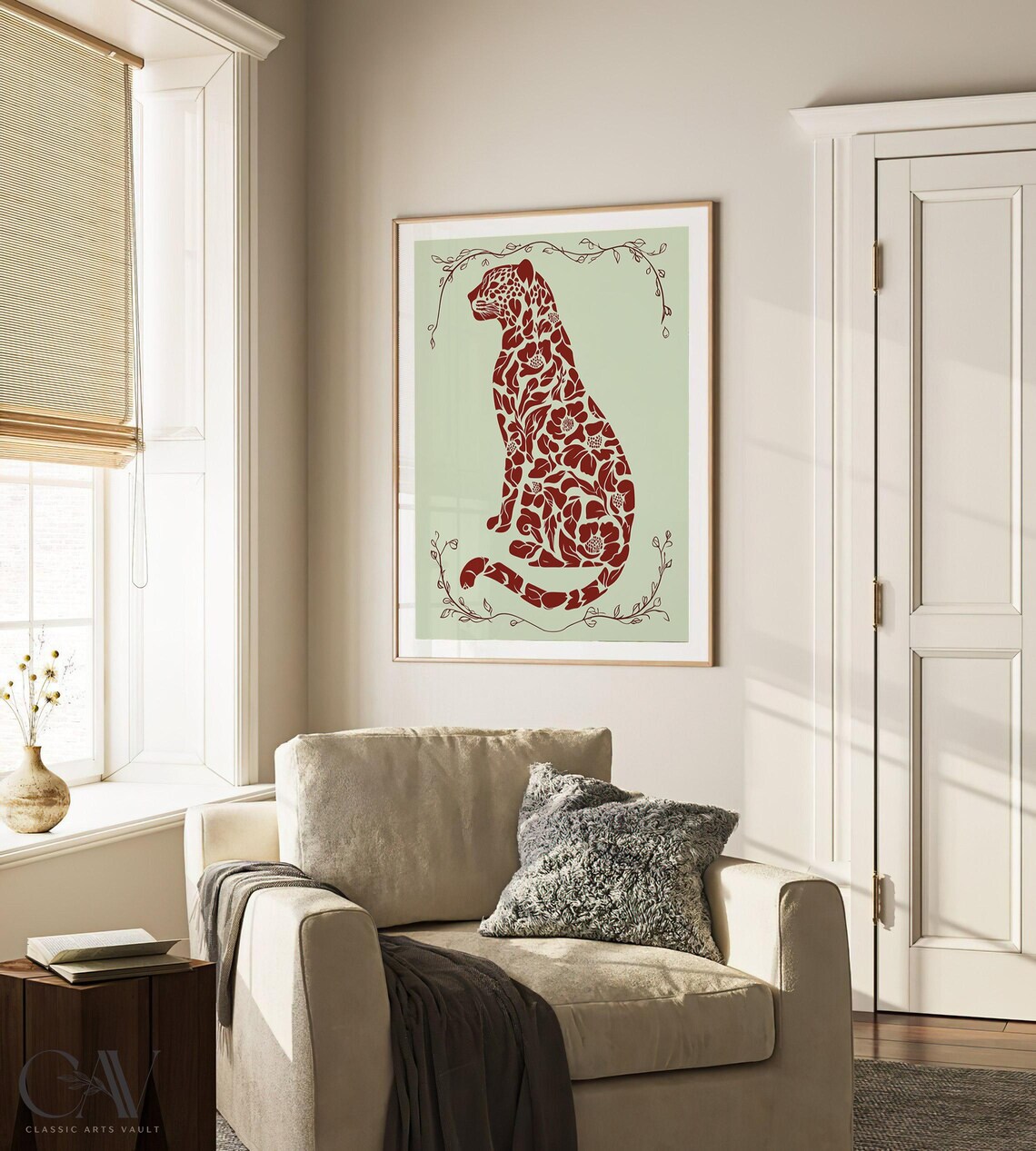 Red Floral Leopard Silhouette Botanical Cutout on Sage Poster - Image 4
