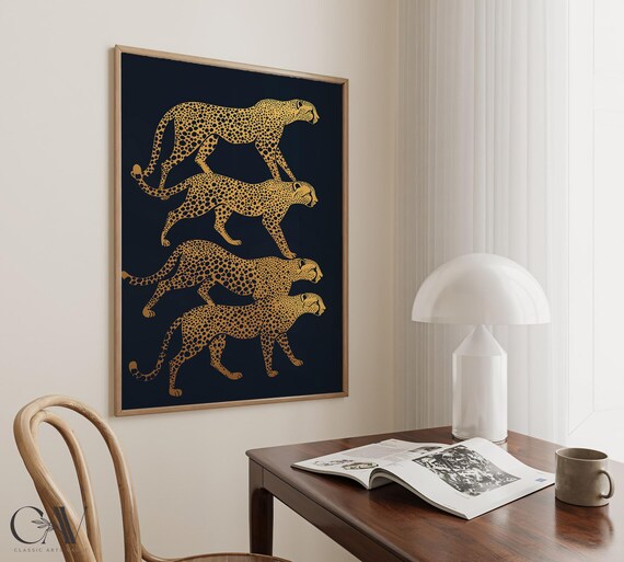 Four Gold Cheetahs Stacked On Black Graphic Safari Art Poster