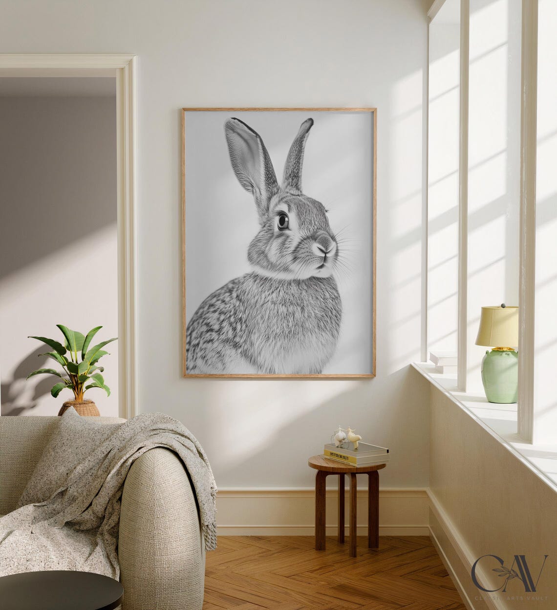 Black and White Hare Portrait Looking Aside Photography Poster - Image 2