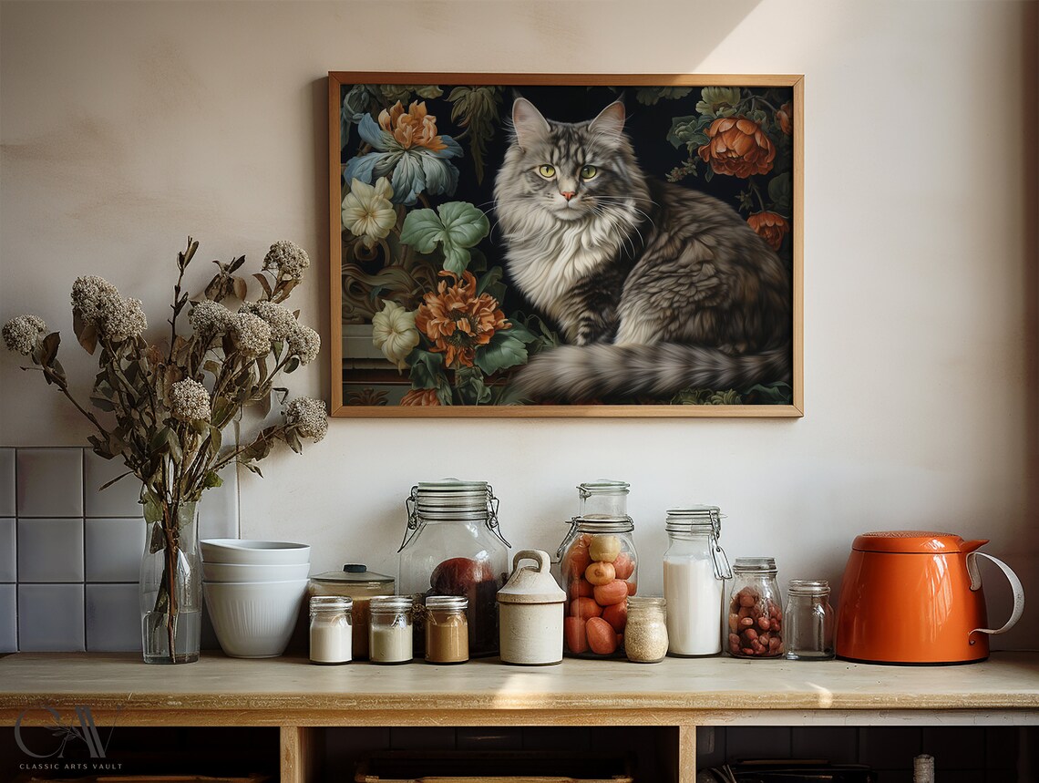 Long Haired Tabby Cat Floral Portrait Vintage Pet Art Poster - Image 4