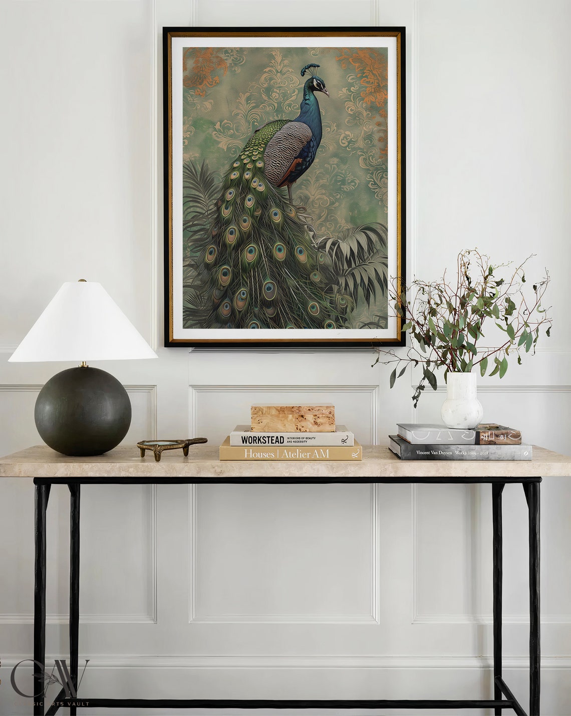Peacock Full Tail Feathers Vintage Gold Damask Botanical Poster - Image 4