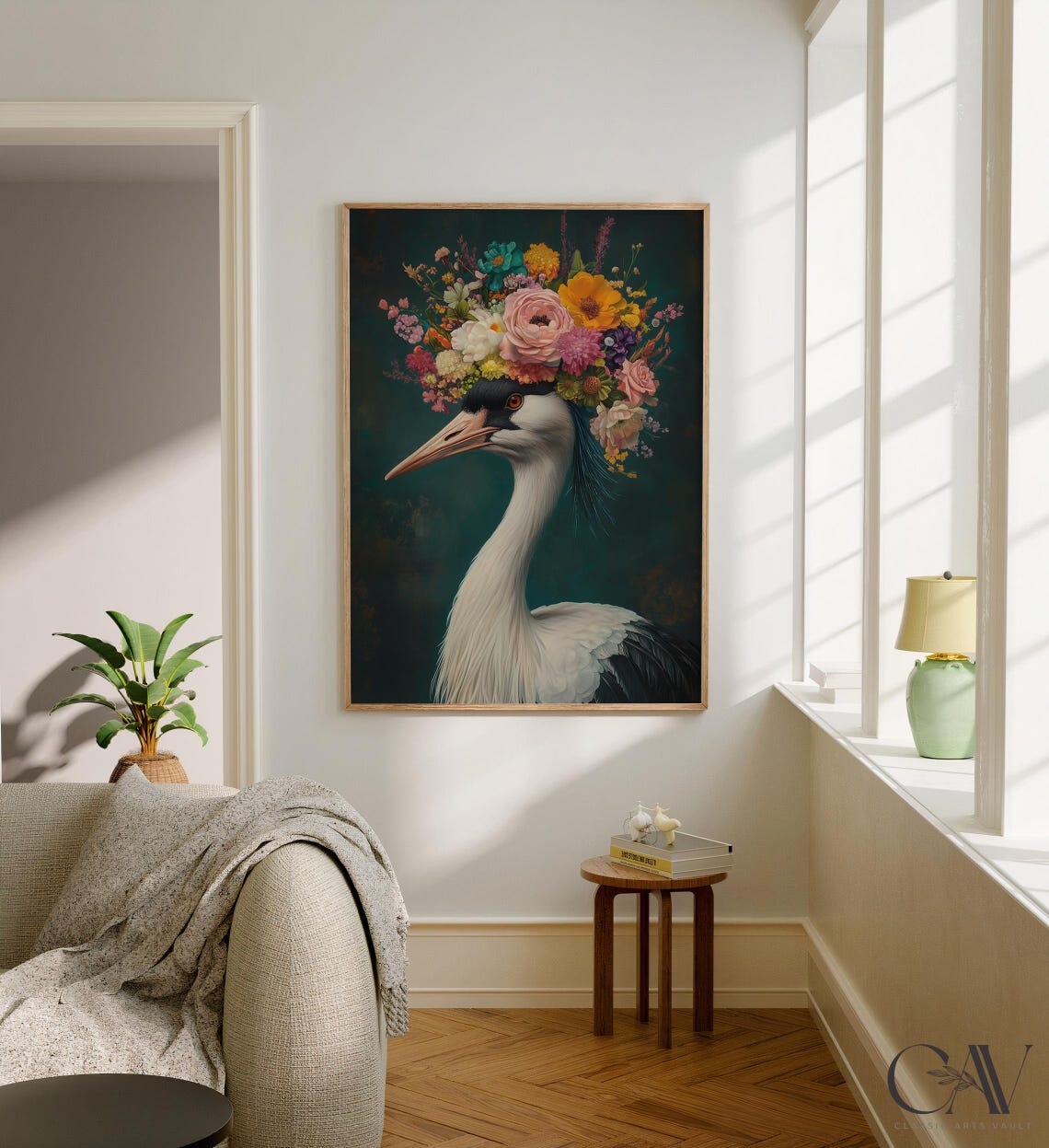 Graceful White Crane With Colorful Floral Crown on Deep Teal Poster - Image 2