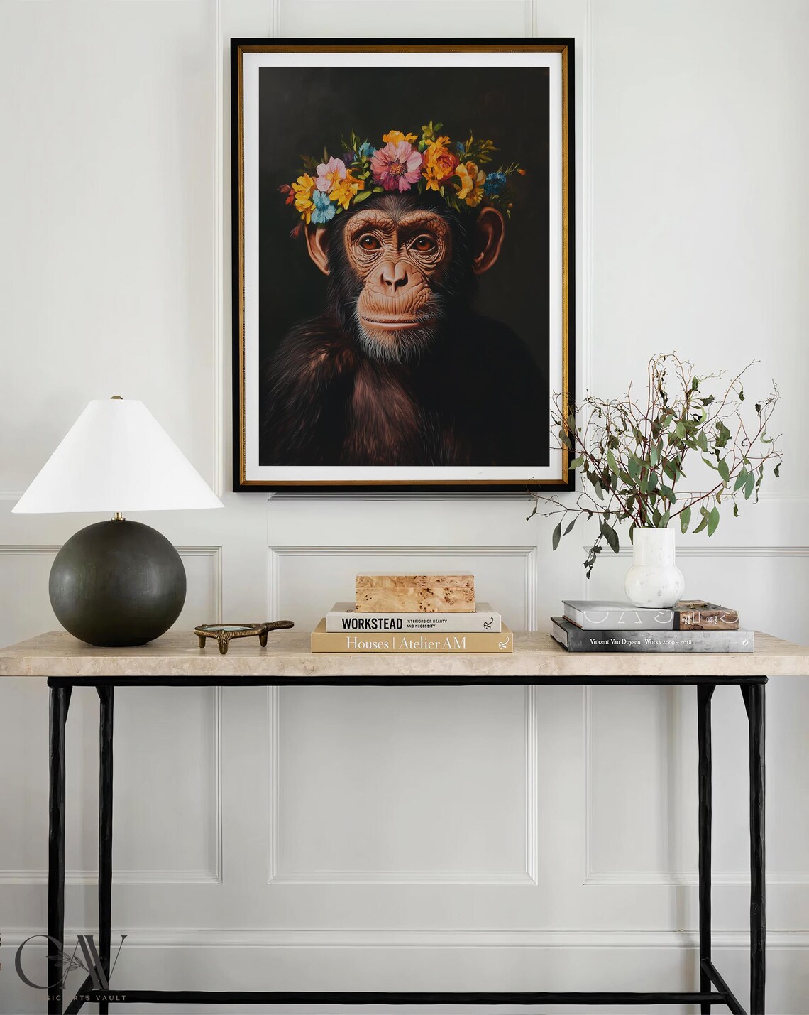 Young Chimpanzee Wearing Pastel Floral Crown Dark Portrait Poster - Image 3