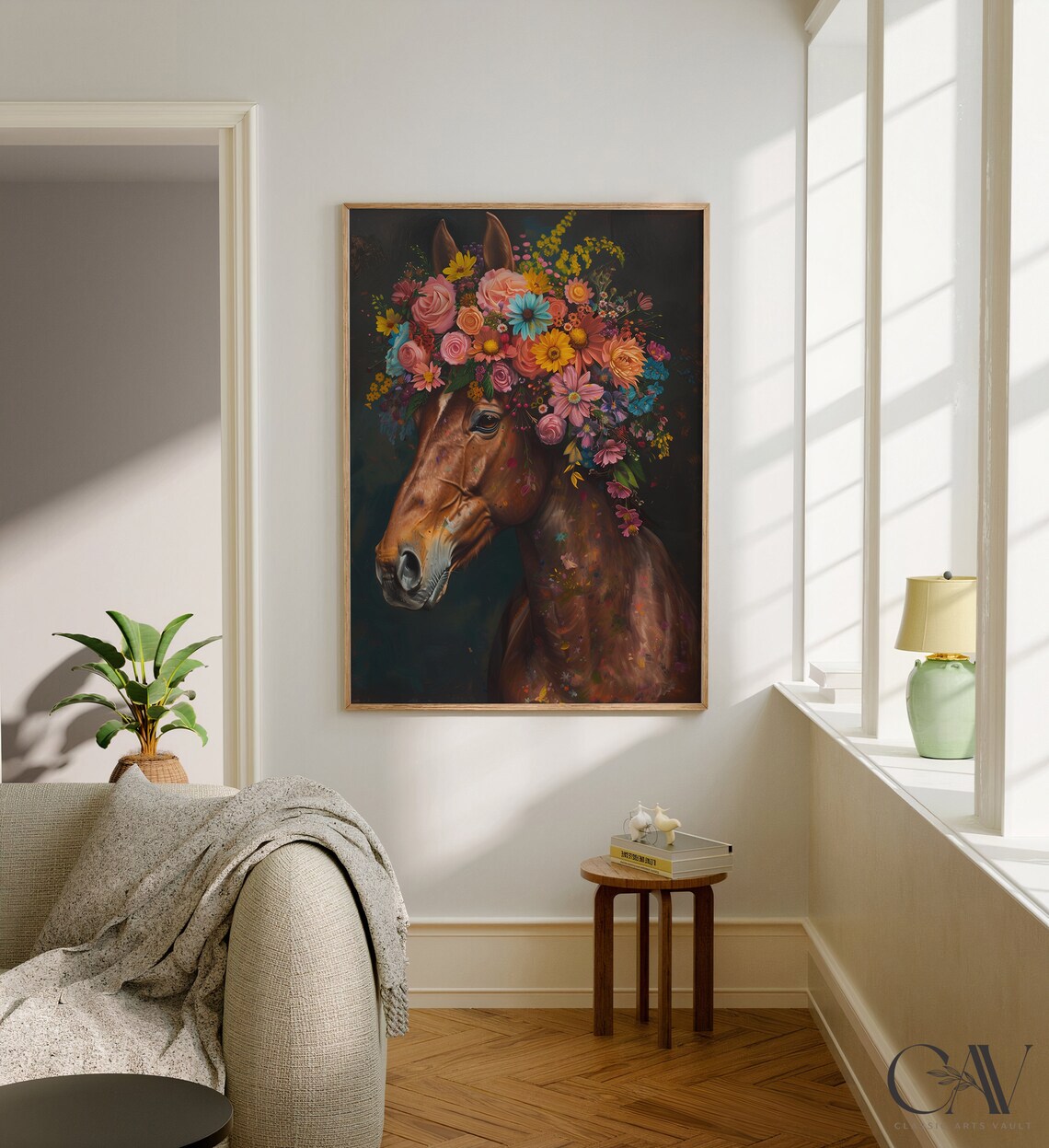 Chestnut Horse Portrait Wearing Colorful Flower Crown Poster - Image 2