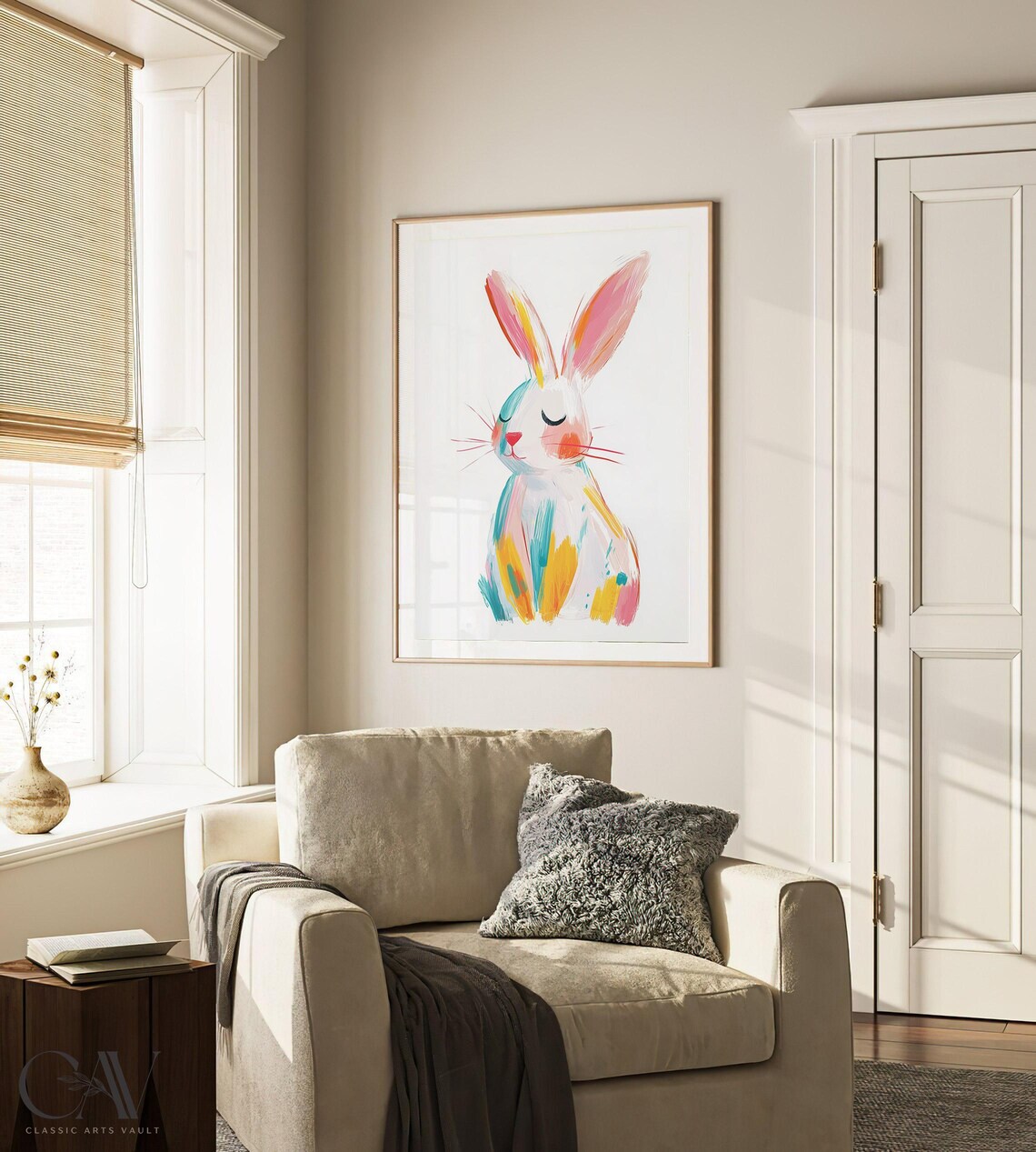 White Bunny Pastel Watercolor Sleeping Rabbit Nursery Wall Art - Image 3