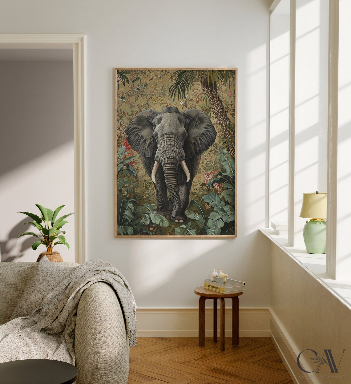 African Elephant in Lush Jungle Floral Wallpaper Style Poster - Image 2