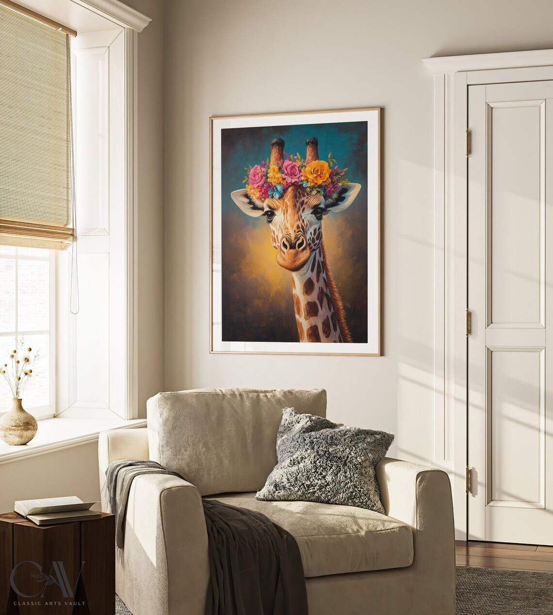 Giraffe With Floral Crown on Teal Gold Background Art Poster - Image 3