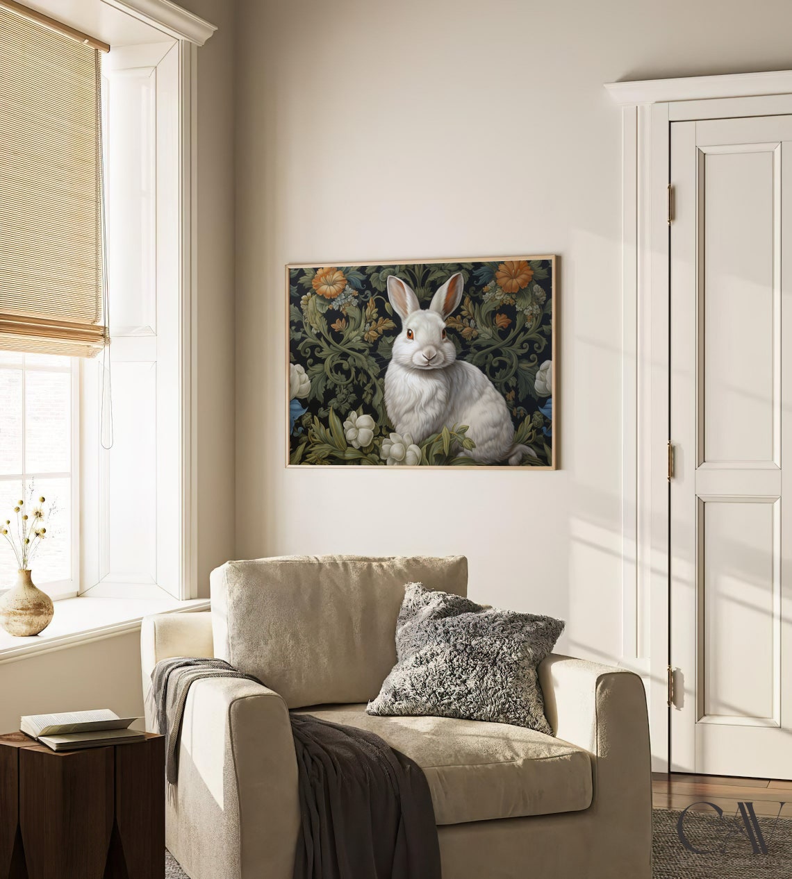 White Rabbit In Dark Botanical Garden With Orange Blooms Poster - Image 3