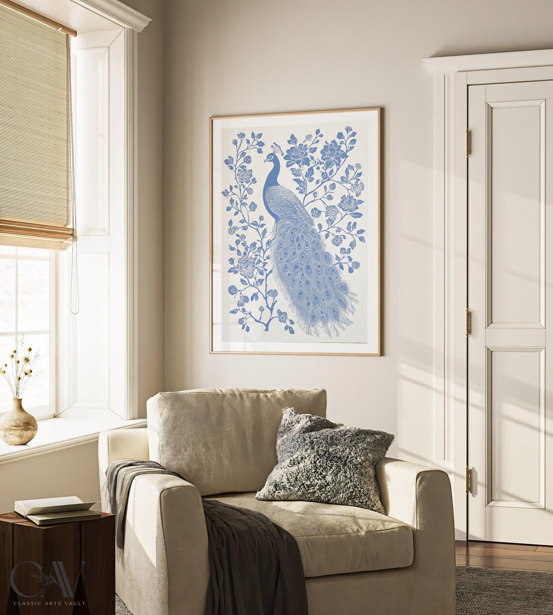 Peacock Perched Blue White Floral Branches Vintage Art Poster - Image 4